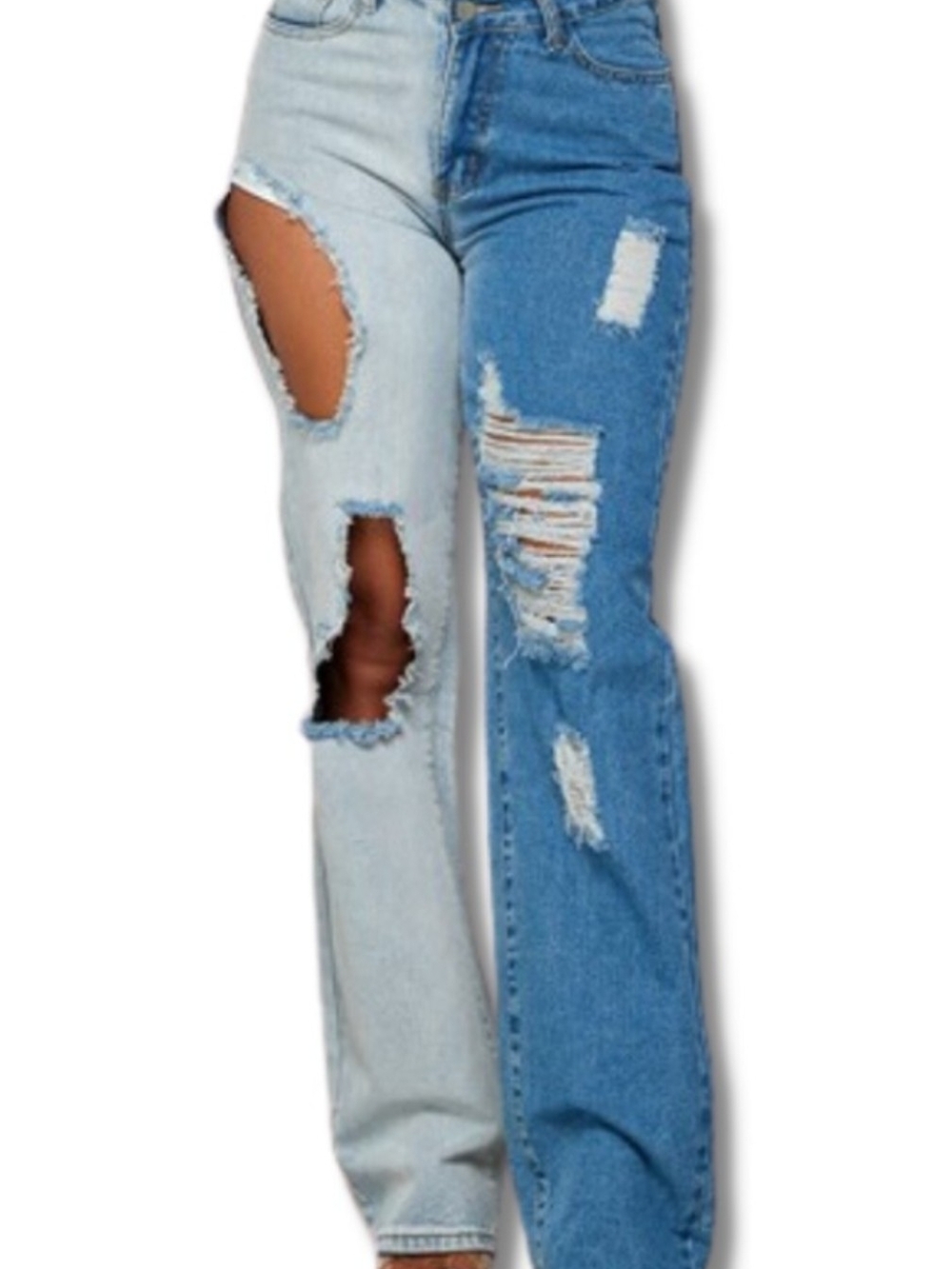 Two-Tone Distressed Flare Jeans in Light & Medium Blue Size M